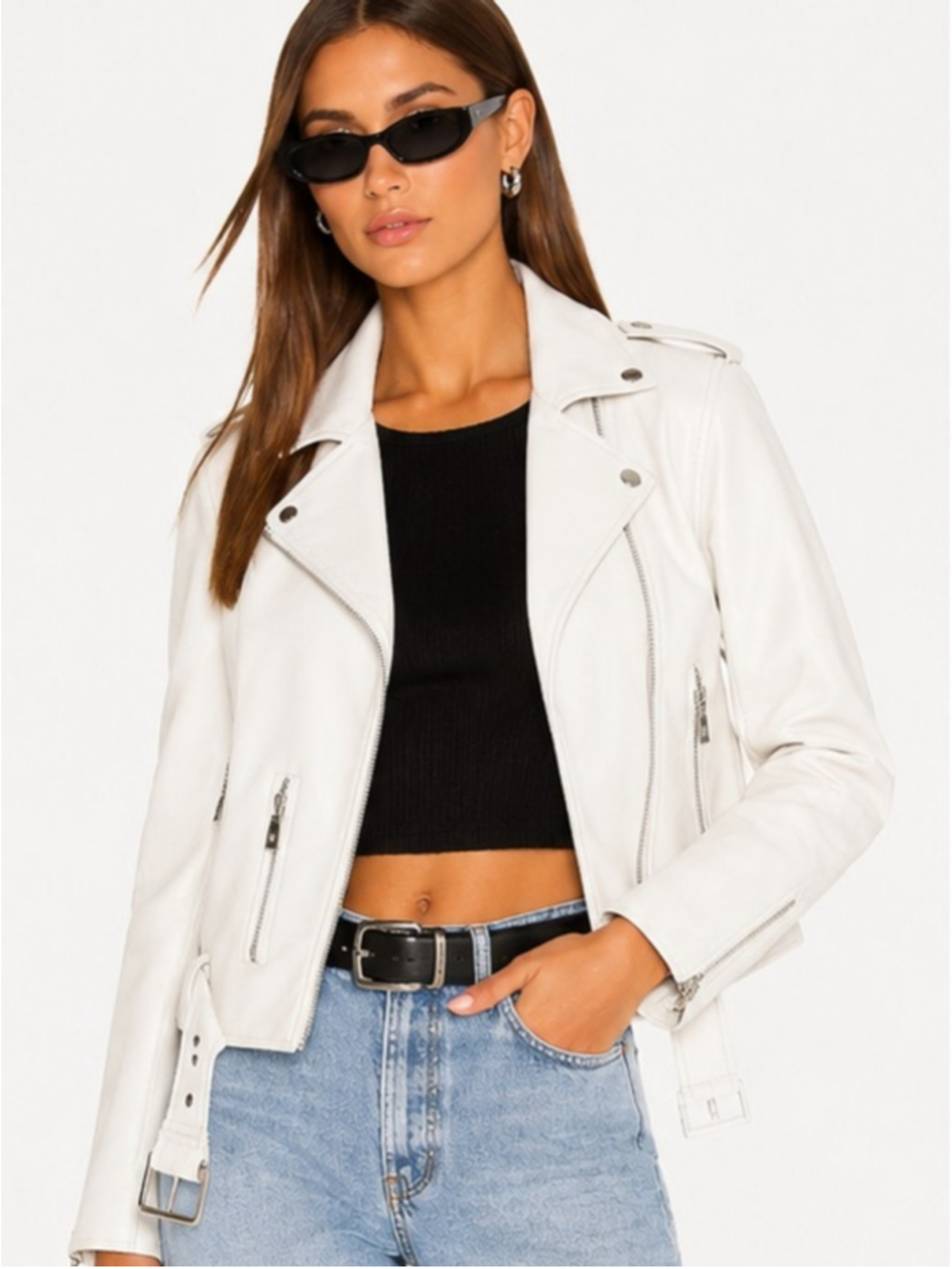 Levi's White Leather Moto Jacket with Belted Hem